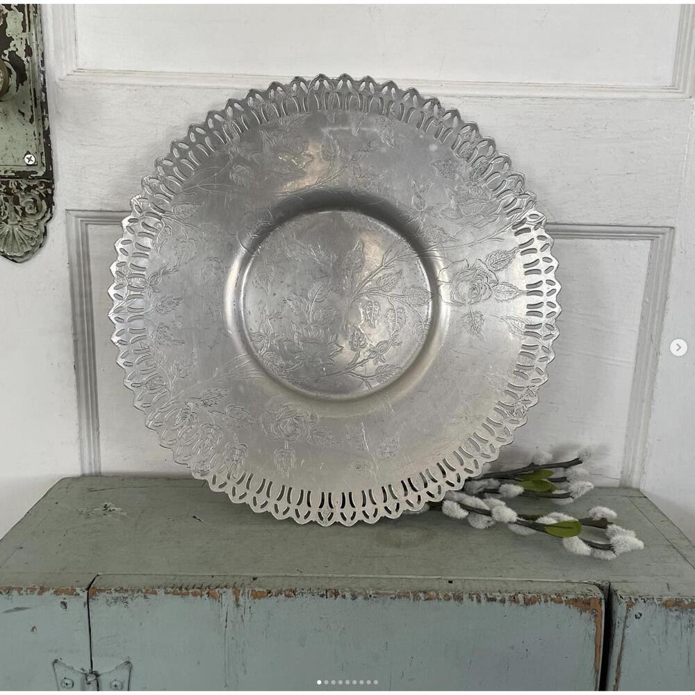 Vintage Hammered Aluminum Tray Royal Aluminum Ware Filigree Etched Rose Floral